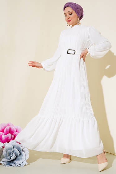 Piliseli Şifon Elbise Ekru - Tesettür Elbise
