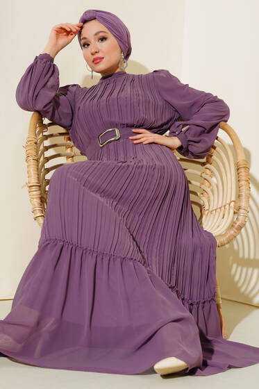 Piliseli Şifon Elbise Lila - Tesettür Elbise
