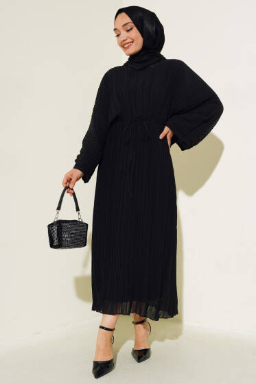 Piliseli Şifon Elbise Siyah - Elbise