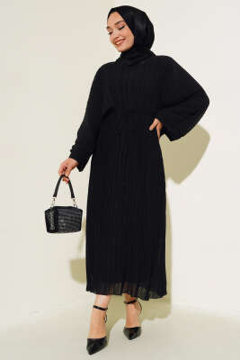 Piliseli Şifon Elbise Siyah - FİXAY