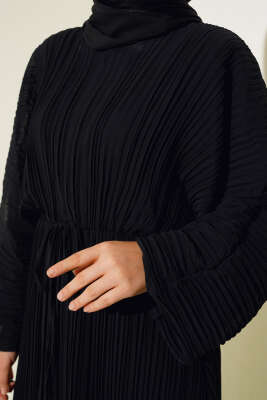 Piliseli Şifon Elbise Siyah - Tesettür Elbise