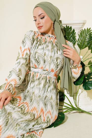 Piliseli Şifon Elbise Yeşil - Tesettür Elbise