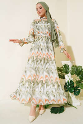 Piliseli Şifon Elbise Yeşil - Tesettür Elbise