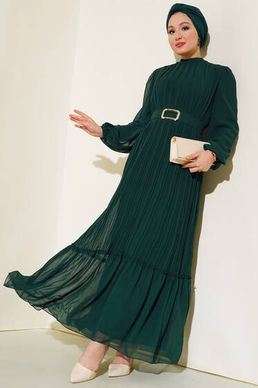 Piliseli Şifon Elbise Zümrüt - Tesettür Elbise