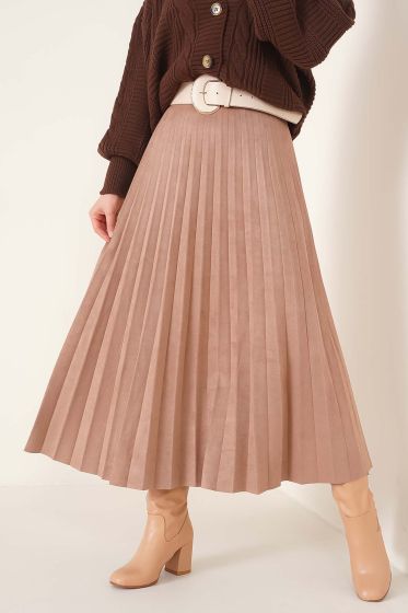 Piliseli Süet Etek Camel - Uzun Etek