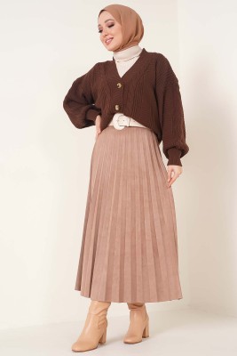 Piliseli Süet Etek Camel - Uzun Etek