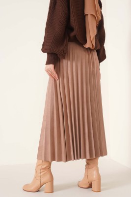 Piliseli Süet Etek Camel - Uzun Etek