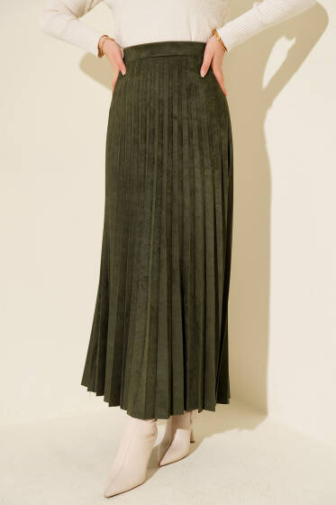 Piliseli Süet Etek Haki - Etek