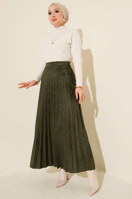 Piliseli Süet Etek Haki - Etek