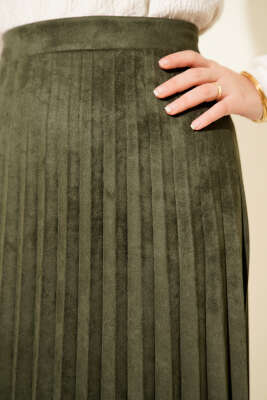 Piliseli Süet Etek Haki - Etek