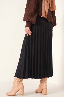Piliseli Süet Etek Siyah - Uzun Etek