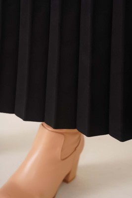 Piliseli Süet Etek Siyah - Uzun Etek