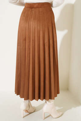 Piliseli Süet Etek Soft Kahve - Uzun Etek