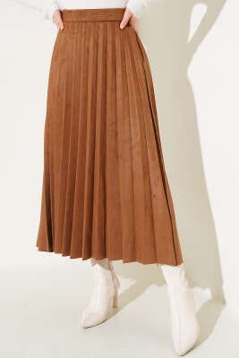 Piliseli Süet Etek Soft Kahve - Uzun Etek