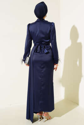 Piliseli Tüylü Manşet Elbise Lacivert - Tesettür Elbise