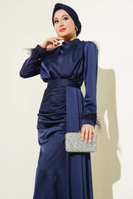 Piliseli Tüylü Manşet Elbise Lacivert - Tesettür Elbise