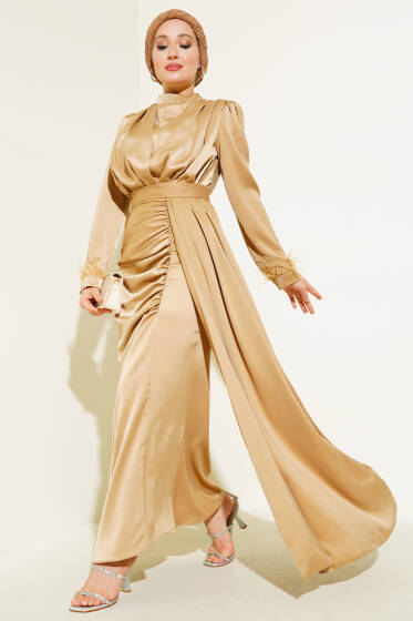 Piliseli Tüylü Manşet Elbise Latte - Tesettür Elbise