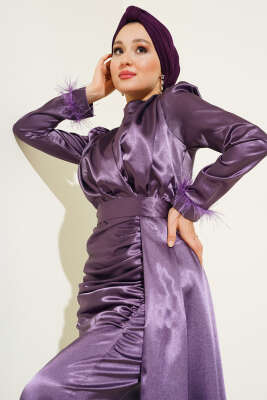 Piliseli Tüylü Manşet Elbise Menekşe - Tesettür Elbise