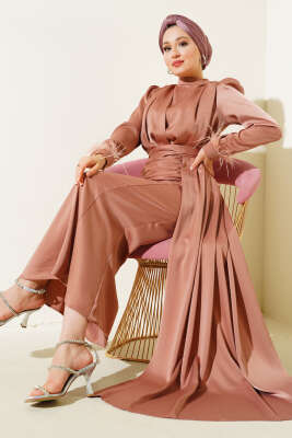 Piliseli Tüylü Manşet Elbise Pudra - Tesettür Elbise