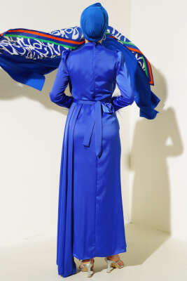 Piliseli Tüylü Manşet Elbise Saks - Tesettür Elbise