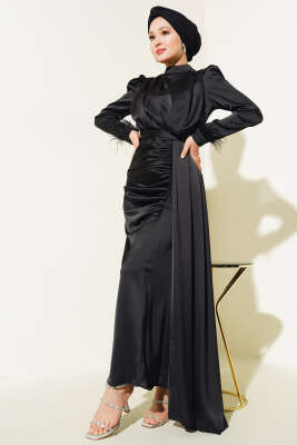 Piliseli Tüylü Manşet Elbise Siyah - Tesettür Elbise
