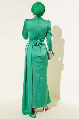 Piliseli Tüylü Manşet Elbise Yeşil - Tesettür Elbise