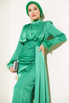 Piliseli Tüylü Manşet Elbise Yeşil - Tesettür Elbise