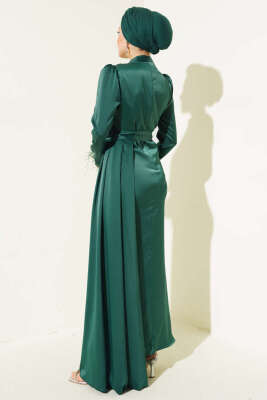Piliseli Tüylü Manşet Elbise Zümrüt - Tesettür Elbise