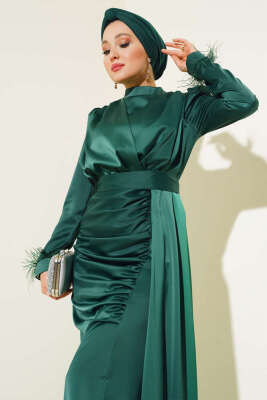 Piliseli Tüylü Manşet Elbise Zümrüt - Tesettür Elbise