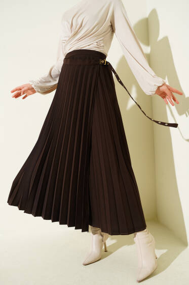 Piliseli Yan Kemer Detaylı Etek Kahve - Etek