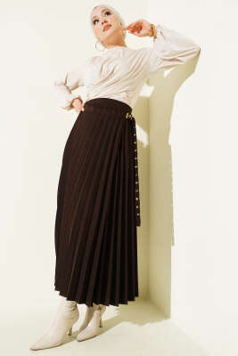 Piliseli Yan Kemer Detaylı Etek Kahve - Etek