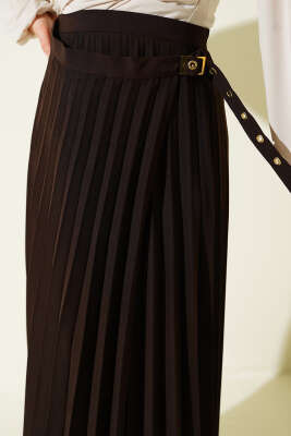 Piliseli Yan Kemer Detaylı Etek Kahve - Etek