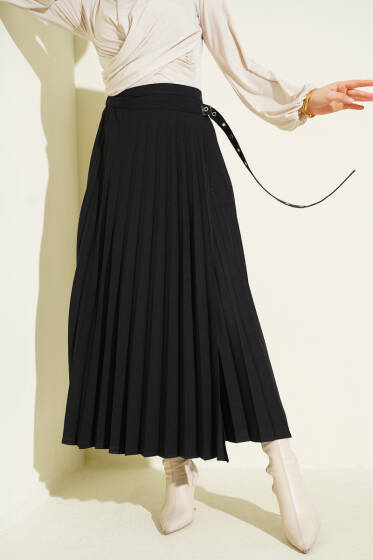 Piliseli Yan Kemer Detaylı Etek Siyah - Etek