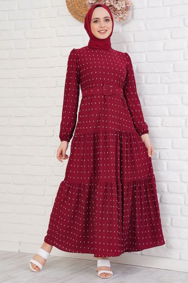 Pıpıt Desenli Kemerli Bordo Elbise - Tesettür Elbise