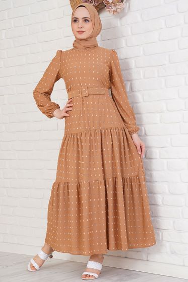 Pıtpıt Desenli Kemerli Camel Elbise - Tesettür Elbise