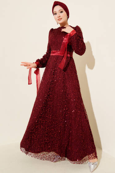 Pırıltı Pullu Abiye Elbise Bordo - Elbise