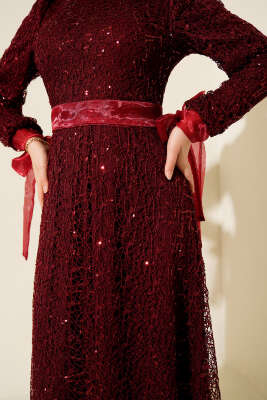 Pırıltı Pullu Abiye Elbise Bordo - Elbise