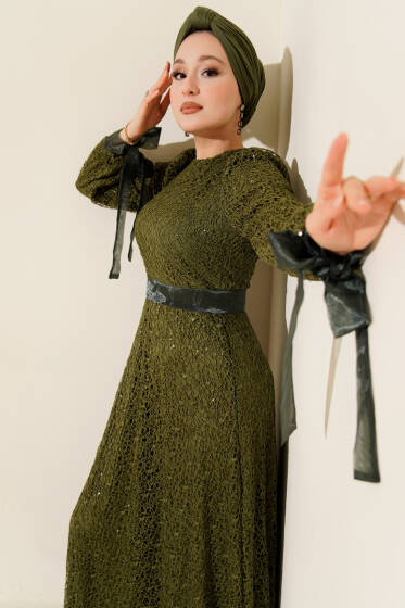 Pırıltı Pullu Abiye Elbise Haki - Elbise