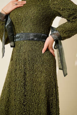 Pırıltı Pullu Abiye Elbise Haki - Elbise