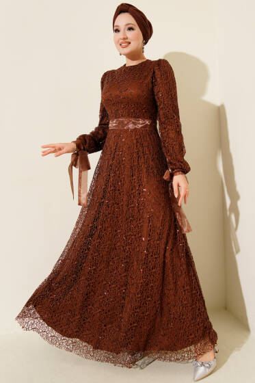 Pırıltı Pullu Abiye Elbise Kahve - Elbise