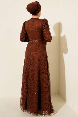 Pırıltı Pullu Abiye Elbise Kahve - Elbise