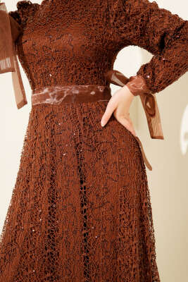 Pırıltı Pullu Abiye Elbise Kahve - Elbise