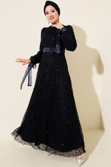 Pırıltı Pullu Abiye Elbise Lacivert - Elbise