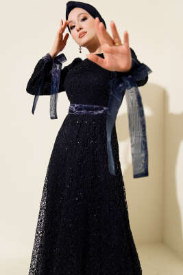 Pırıltı Pullu Abiye Elbise Lacivert - Elbise