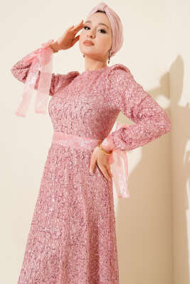 Pırıltı Pullu Abiye Elbise Pembe - Elbise