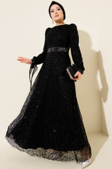 Pırıltı Pullu Abiye Elbise Siyah - Elbise