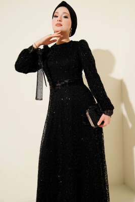 Pırıltı Pullu Abiye Elbise Siyah - Elbise