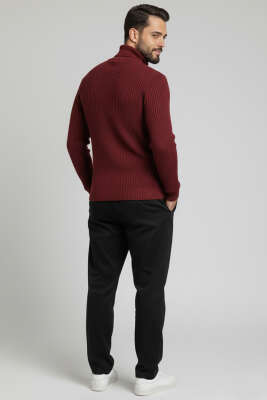 Pirinç Örgü Balıkçı Yaka Erkek Kazak Bordo - Erkek Kazak