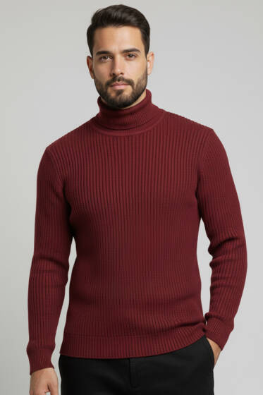 Pirinç Örgü Balıkçı Yaka Erkek Kazak Bordo - Yılın Fırsatı