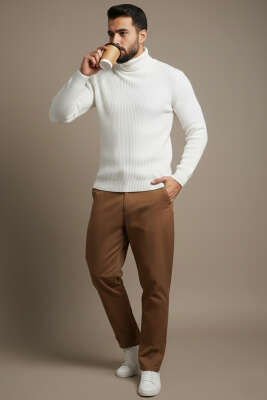 Pirinç Örgü Balıkçı Yaka Erkek Kazak Ekru - Erkek Kazak